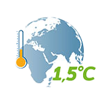 Weltkarte mit Thermometer und der Temperaturangabe 1,5°C, symbolisiert den globalen Temperaturanstieg.