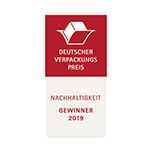 Deutscher Verpackungspreis für Nachhaltigkeit, Gewinner 2019, mit einem roten Logo und dem Schriftzug „DEUTSCHER VERPACKUNGSPREIS“.