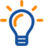 Eine stilisierte Glühbirne in Blau mit orangefarbenen Strahlen, die von oben und seitlich abstrahlen.