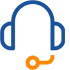 Ein blaues Headset-Symbol mit einem orangefarbenen Mikrofonanschluss, das häufig für Kundenservice oder technische Unterstützung verwendet wird.