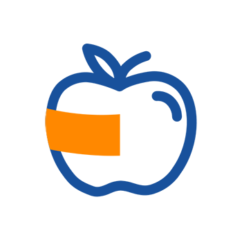Ein stilisiertes Apfel-Symbol mit einem orangefarbenen Band, das einen Teil des Apfels überdeckt.