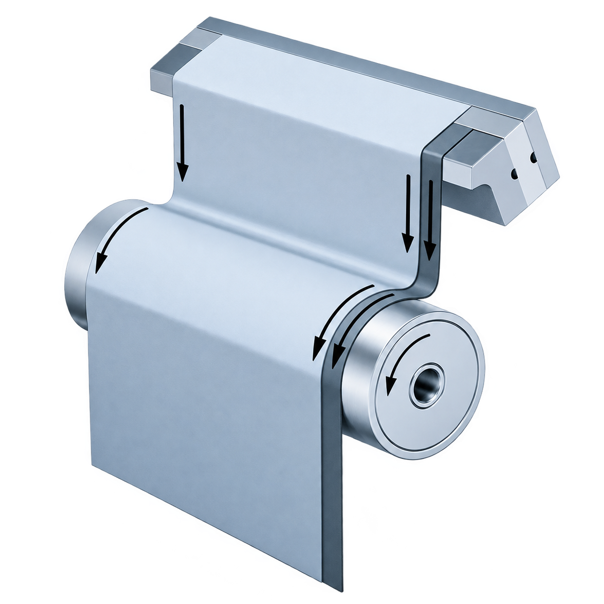 Technisches Bauteil mit einer rotierenden Achse und zwei beweglichen Teilen, die durch Pfeile die Bewegungsrichtung anzeigen.