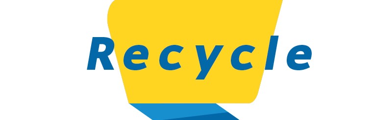 Das Wort "Recycle" in blauer Schrift auf gelbem Hintergrund, umgeben von einem grafischen Element in Form eines Pfeils.