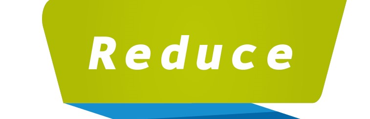 Text in grüner Schrift: "Reduce". Hintergrund in Blau und Grün, geometrische Form.
