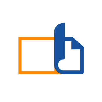 Ein stilisiertes Logo mit einem Daumen nach oben und einem Rechteck, in orange und blau.
