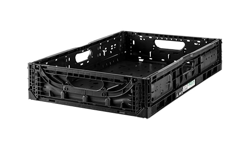 Schwarze Kunststoffbox mit Griffen, geeignet für Lagerung und Transport von Waren. Offen und ohne Inhalt dargestellt.