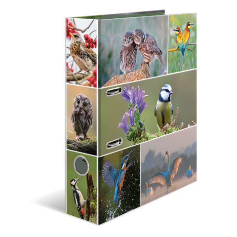 Ein Ordner mit verschiedenen Vogelmotiven, darunter Eulen, ein Eisvogel, ein Specht und eine Blaumeise, sowie Blumen.