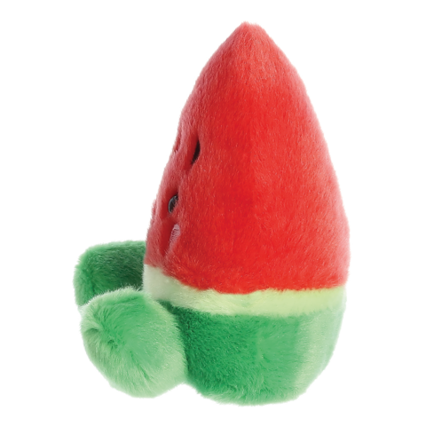 Plüschfigur in Form einer Wassermelone, rot und grün, mit Details wie Kernen und einer runden Basis.