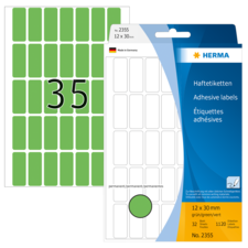 Grüne Haftetiketten mit der Nummer 2355, 12 x 30 mm, 32 Etiketten pro Bogen, hergestellt in Deutschland.