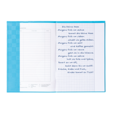 Ein offenes Buch mit handschriftlichem Text über die kleine Hexe, der verschiedene Aktivitäten und Speisen beschreibt.