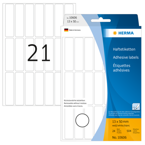 Haftetiketten in Weiß, 13 x 50 mm, 504 Stück, mit der Nummer 21 auf einem Etikett. Verpackung zeigt die Marke HERMA und Produktdetails.