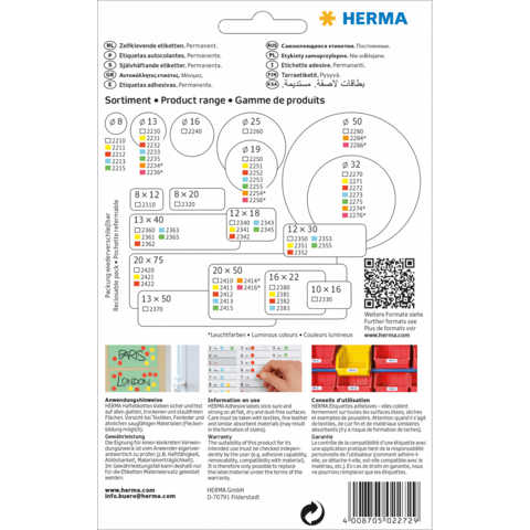Produktübersicht mit verschiedenen Etikettenformaten und Anwendungshinweisen von HERMA. Enthält Farbcodes und QR-Code für weitere Informationen.