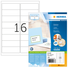 Etikettenbogen mit 16 leeren Feldern und Verpackung von HERMA, die Software zur Erstellung von Etiketten anbietet.