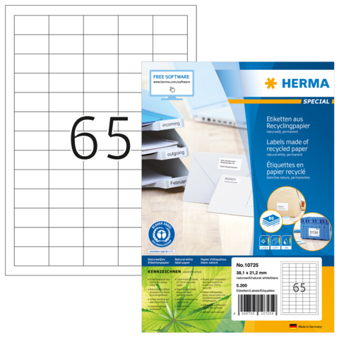 Etikettenbogen aus Recyclingpapier mit 65 Etiketten, inklusive Softwarehinweis und Produktinformationen auf der Verpackung.