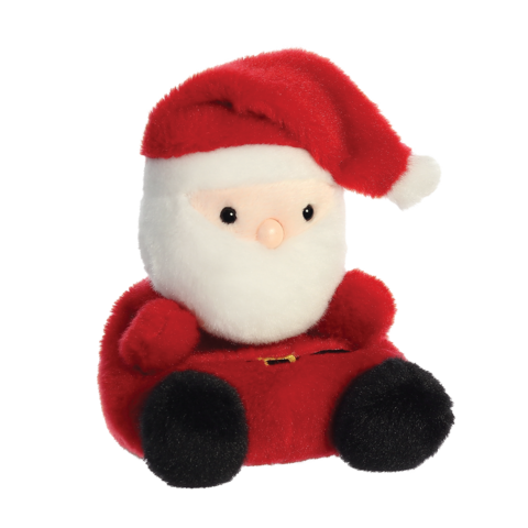 Ein niedlicher, plüschiger Weihnachtsmann mit rotem Hut, weißem Bart und roten Kleidern, sitzt aufrecht mit schwarzen Füßen.