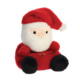 Ein niedlicher, plüschiger Weihnachtsmann mit rotem Hut, weißem Bart und roten Kleidern, sitzt aufrecht mit schwarzen Füßen.