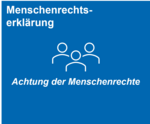 Menschenrechtserklärung mit Symbol von drei Personen und dem Text "Achtung der Menschenrechte" auf blauem Hintergrund.