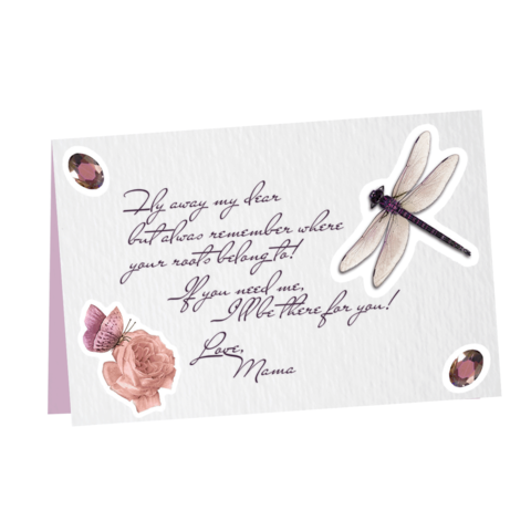 Eine Grußkarte mit einer Libelle, einer Blume und einem Schmetterling. Der Text ermutigt, die Wurzeln nicht zu vergessen und bietet Unterstützung an.