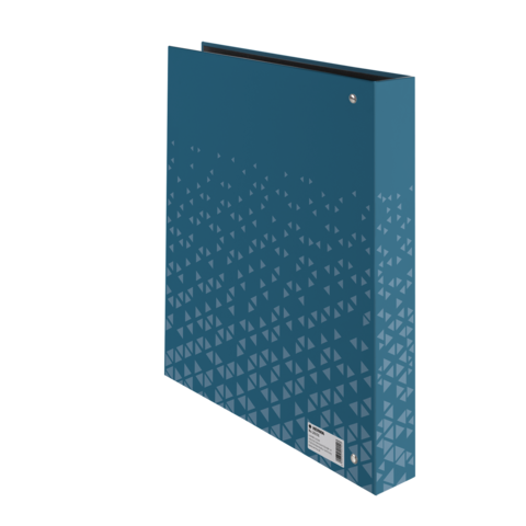 Blauer Ordner mit einem geometrischen Muster in helleren Tönen, seitlich sichtbar, mit einem Etikett auf der Unterseite.