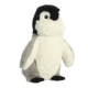 Plüschpinguin mit grauem und weißem Fell, stehend und mit einem charakteristischen schwarzen Kopf.