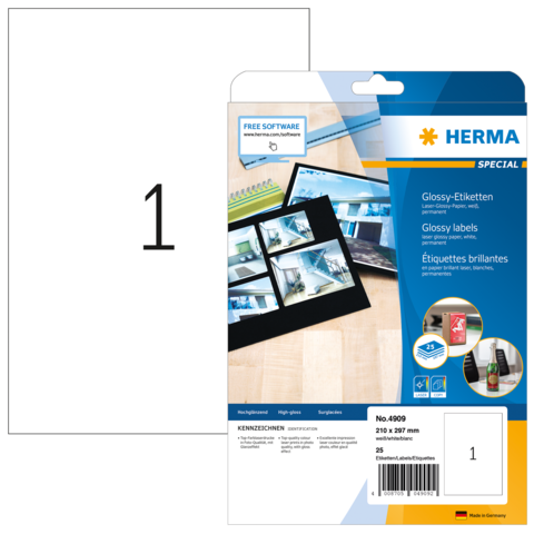 Packung mit glänzenden Etiketten von Herma, 25 Stück, Größe 210 x 297 mm, inklusive Software zur Gestaltung.