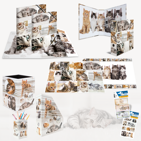 Eine Sammlung von Katzenmotiven auf verschiedenen Produkten, darunter ein Ordner, ein Stiftehalter und ein Notizblock.