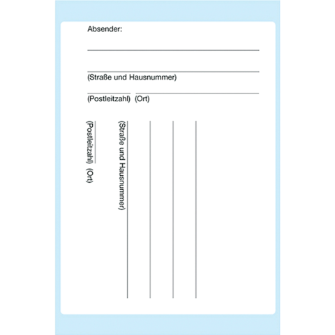 Formular für Adressangaben mit Feldern für Absender und Empfänger, einschließlich Straße, Hausnummer, Postleitzahl und Ort.