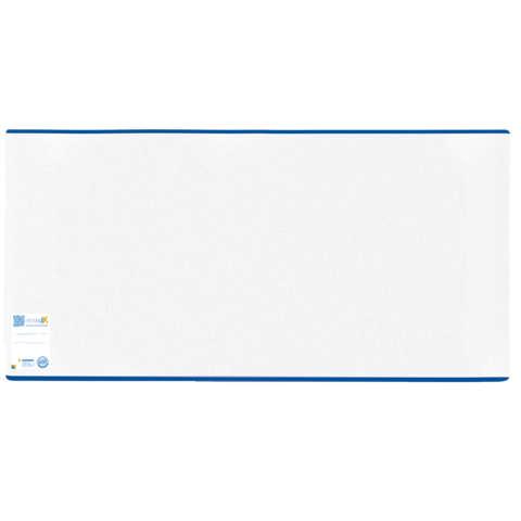 Ein großer, weißer, rechteckiger Tisch mit blauen Kanten, geeignet für Präsentationen oder Meetings.