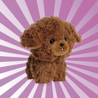 Lila Strahlenhintergrund mit braunem Kuscheltier-Pudel von Aurora