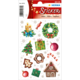 Weihnachtliche Aufkleber mit Kerze, Geschenken, Tannenbaum, Weihnachtskeksen und einem Lebkuchenhaus auf einem weißen Hintergrund.