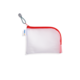 Transparente Tasche mit rotem Reißverschluss und grauem Griff, geeignet für die Aufbewahrung von kleinen Gegenständen.