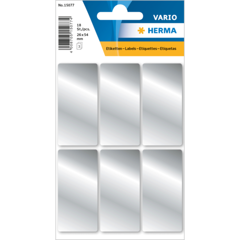 Weiße Etiketten auf einem Bogen, 18 Stück, Größe 26 x 54 mm, verpackt in einer transparenten Hülle.