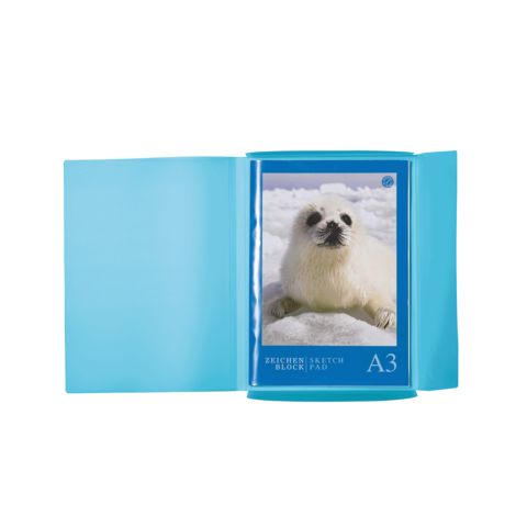 Ein A3-Zeichenblock mit einem blauen Umschlag, auf dem ein Seehund auf Schnee abgebildet ist.