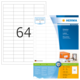Etikettenblatt mit der Nummer 64, das die Maße 48,3 x 16,9 mm angibt, sowie Informationen zu Software und Herstellungsdetails.