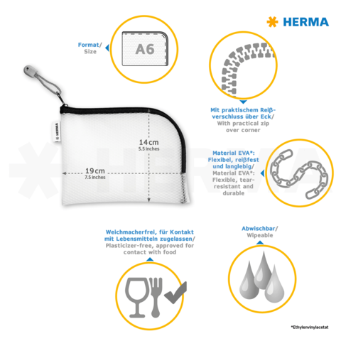 A6 Format Tasche mit Reißverschluss, aus flexiblem, langlebigem EVA-Material, abwaschbar und lebensmittelecht.