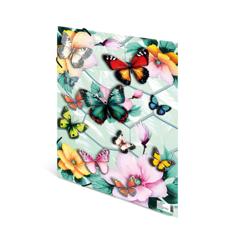 Bunte Schmetterlinge in verschiedenen Farben und Mustern, umgeben von Blumen auf einem hellen Hintergrund.