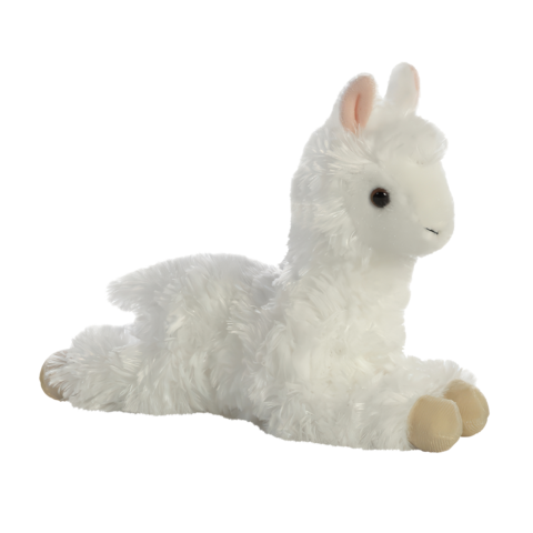 Weißes Plüsch-Lama, das auf dem Bauch liegt, mit einem freundlichen Gesicht und kleinen, braunen Pfoten.