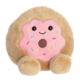Kuscheliges Plüschtier in Form eines Donuts mit rosa Zuckerguss und bunten Streuseln, mit kleinen Füßen und einem lächelnden Gesicht.