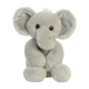 Grauer Plüschelefant mit großen Ohren und runden Augen, sitzt aufrecht und hat eine weiche, kuschelige Textur.