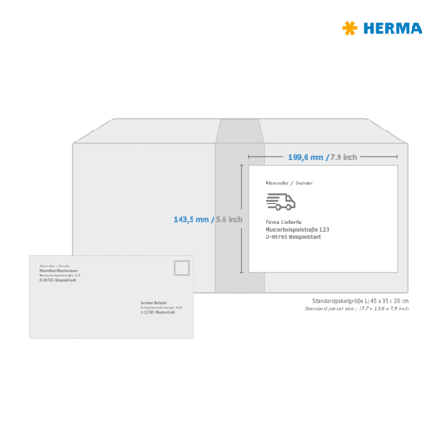 Versandkarton mit Abmessungen und Adressfeld für den Absender. Neben dem Karton befindet sich eine Postkarte mit Adresse.