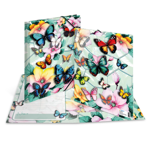 Bunte Schmetterlinge und Blumen auf einem Notizbuch-Cover, das in einem offenen Zustand präsentiert wird.