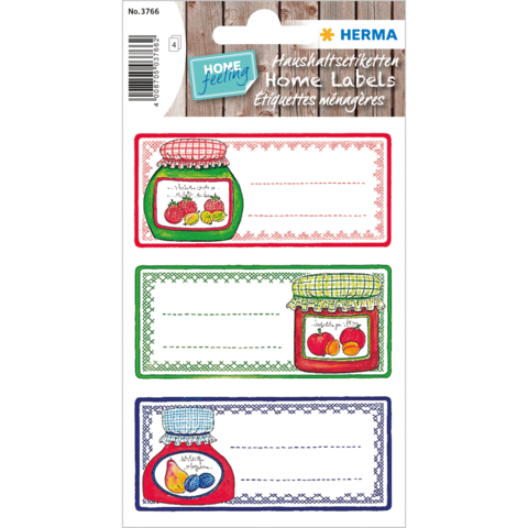 Haushaltsetiketten mit verschiedenen Designs für Marmeladengläser in Rot, Grün und Blau, jeweils mit Platz für Beschriftungen.