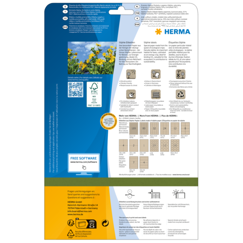 Produktverpackung von HERMA mit Anleitungen, Symbolen und einem Bild von gelben Blumen. Enthält Informationen zu Software und Anwendung.