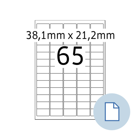 Ein Layout mit 65 Feldern, jedes 38,1 mm x 21,2 mm groß, dargestellt in einem Rasterformat.