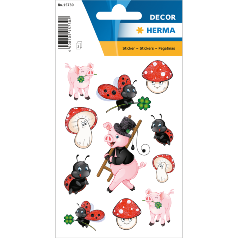 Aufkleber mit einem Schwein im Anzug, Marienkäfern, Pilzen und einer Ameise, die eine Blume hält. Bunte, verspielte Motive.