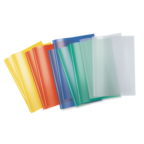 Bunte Kunststoffordner in verschiedenen Farben, darunter Gelb, Rot, Blau, Grün und Transparent, angeordnet in einer Reihe.