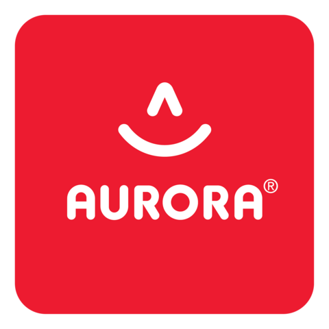 Logo von Aurora auf rotem Hintergrund mit einem lächelnden Gesicht und dem Schriftzug "AURORA" in weißer Schrift.