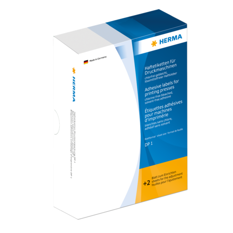Häftetiketten für Druckmaschinen in einer Verpackung von HERMA, mit Informationen zu Anwendung und Eigenschaften.