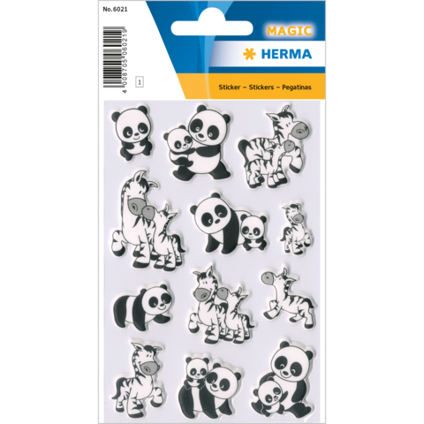 Tieraufkleber mit Pandas, Zebras und Giraffen in Schwarz-Weiß. Enthält verschiedene Designs von Tieren in verschiedenen Posen.