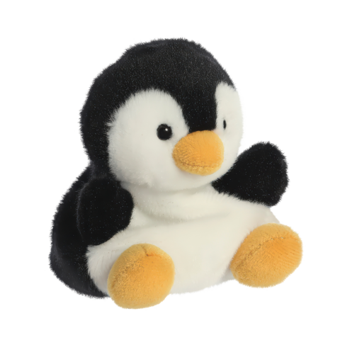 Plüsch-Pinguin mit schwarzem und weißem Fell sowie orangefarbenem Schnabel und Füßen, sitzt aufrecht.